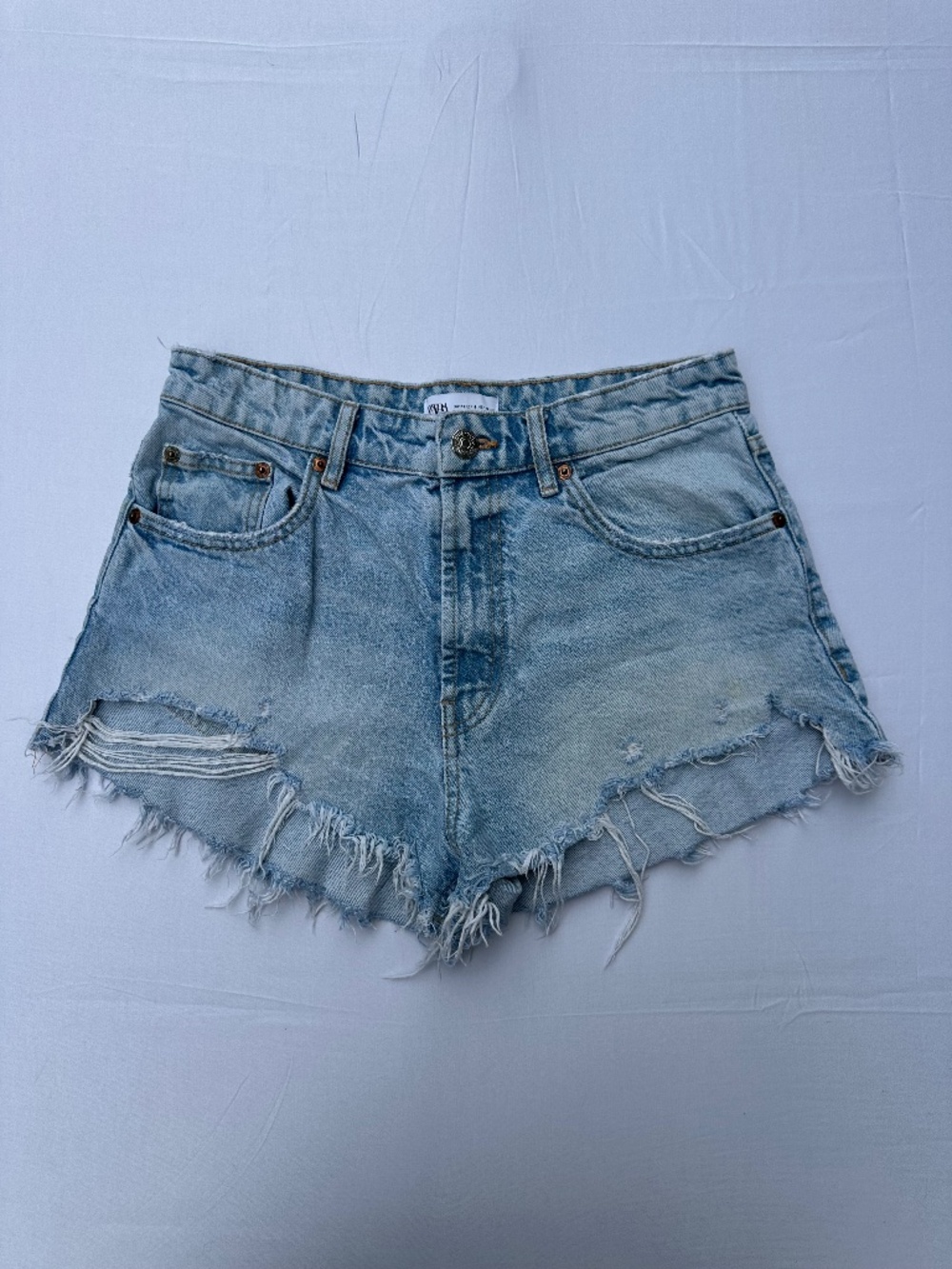 Zara Women's Distressed High Waisted Denim Jean Short Shorts, Size 6